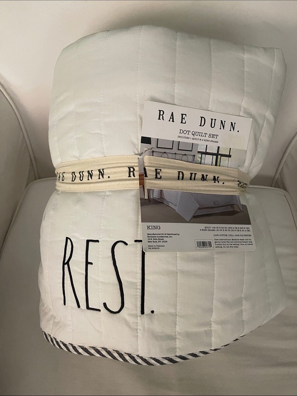 NWT Rae Dunn Dot Quilt KING Set - 3 Piece-1 Quilt + 2 King Shams REST WELL